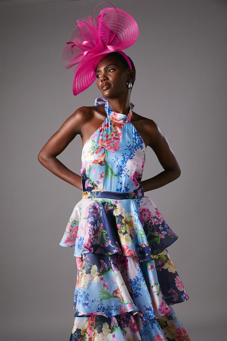 Cross Neck Printed Frill Skirt Dress, Alternate, color, Navy