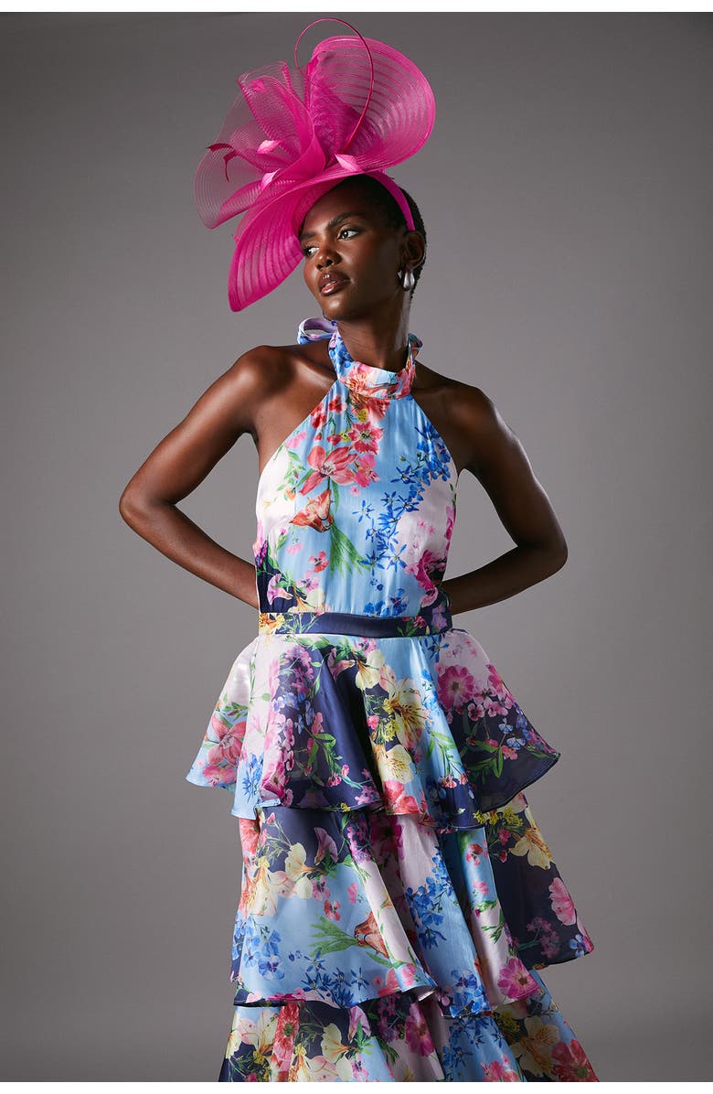 Coast Cross Neck Printed Frill Skirt Dress, Alternate, color, Navy