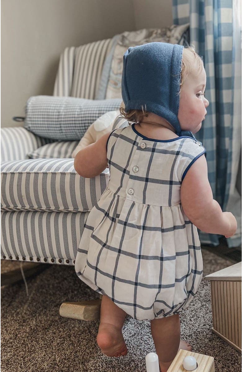 Petite Maison Kids Checkered Linen Baby Boy Romper, Alternate, color, Navy Checkered