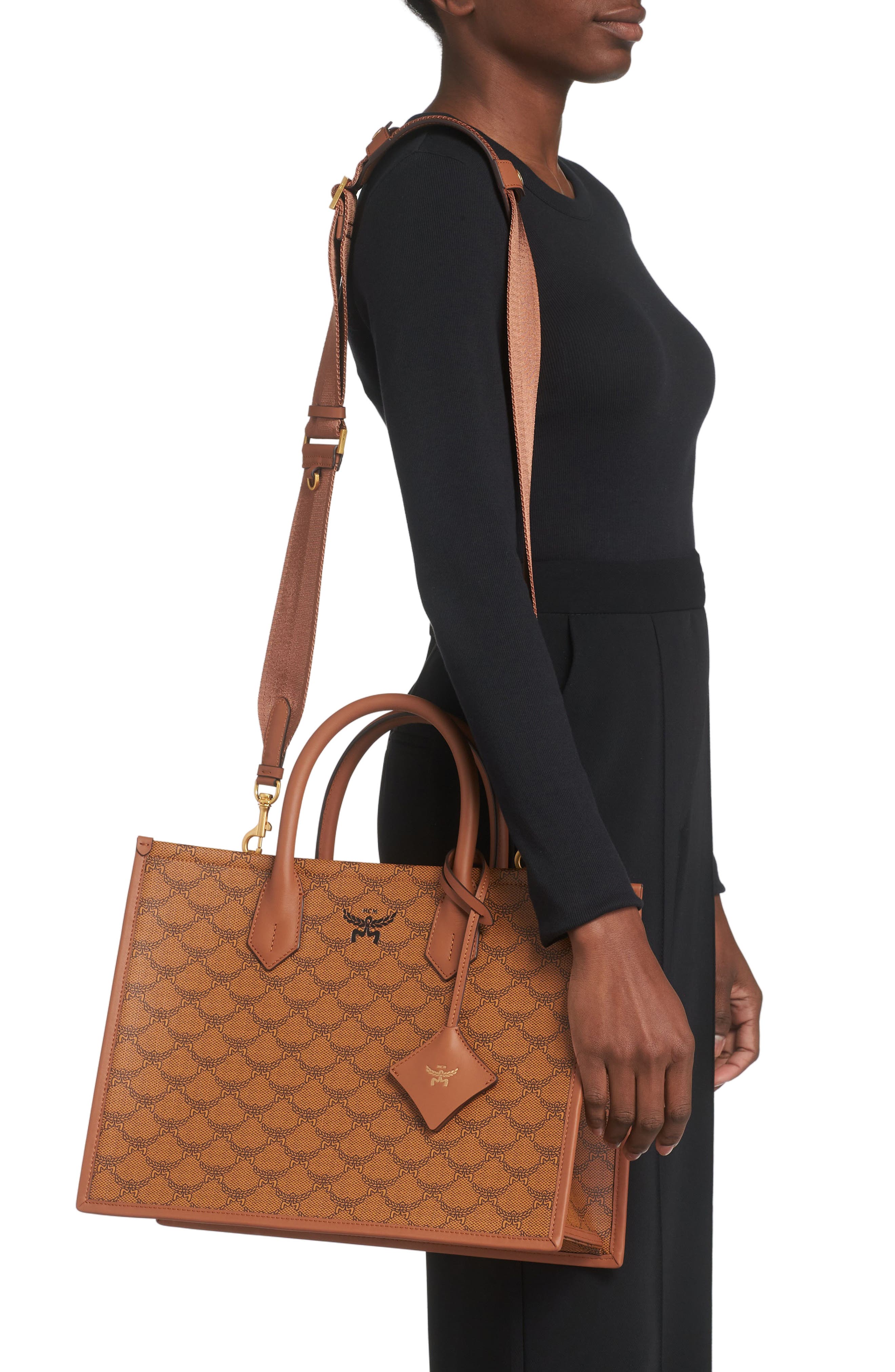 MCM Medium Himmel Lauretos Coated Canvas Tote, Alternate, color, 