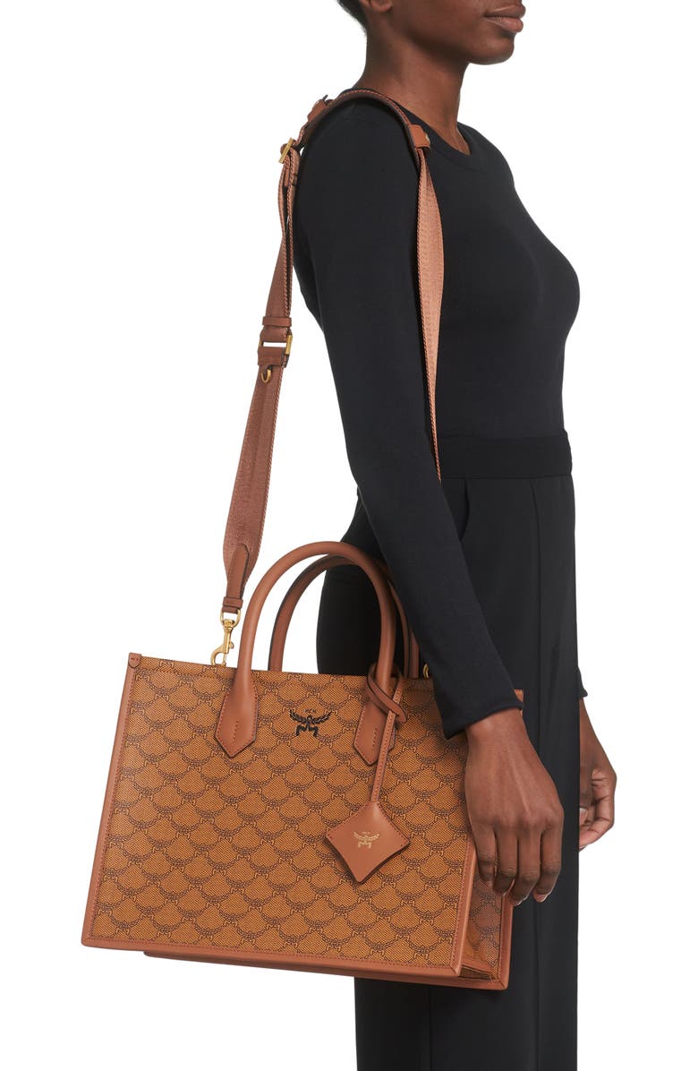 MCM Medium Himmel Lauretos Coated Canvas Tote, Alternate, color,