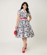 Unique Vintage Collared Short Sleeved Belted Alexis Swing Dress
