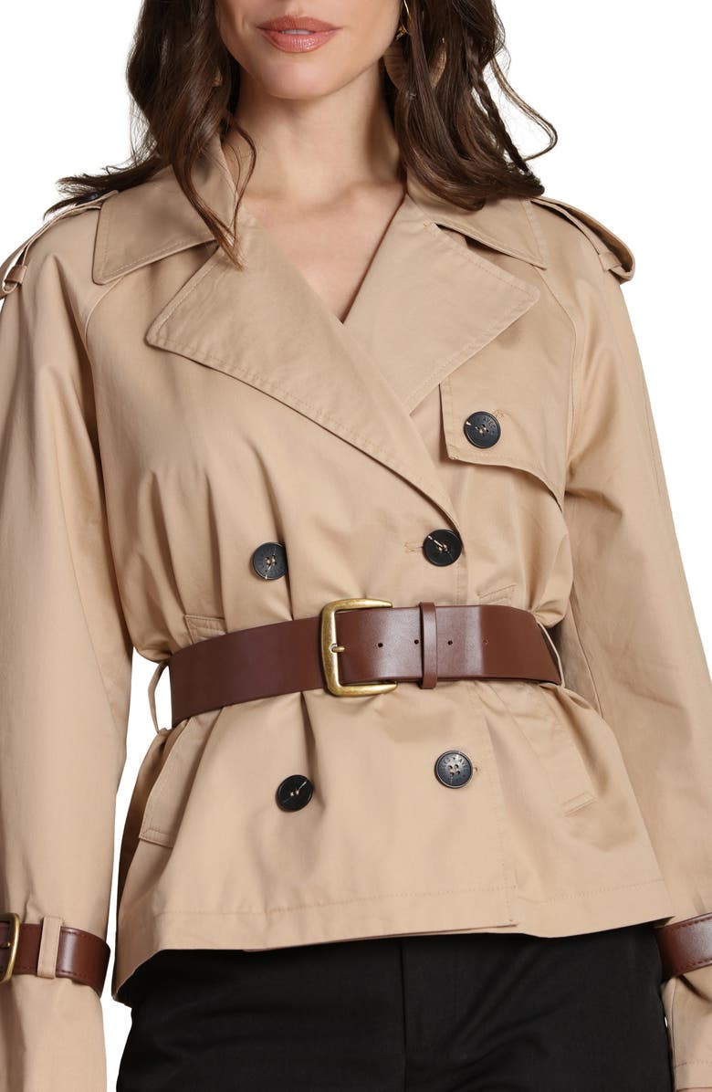 Avec Les Filles Short Trench Jacket with Faux Leather Belt, Alternate, color, Camel