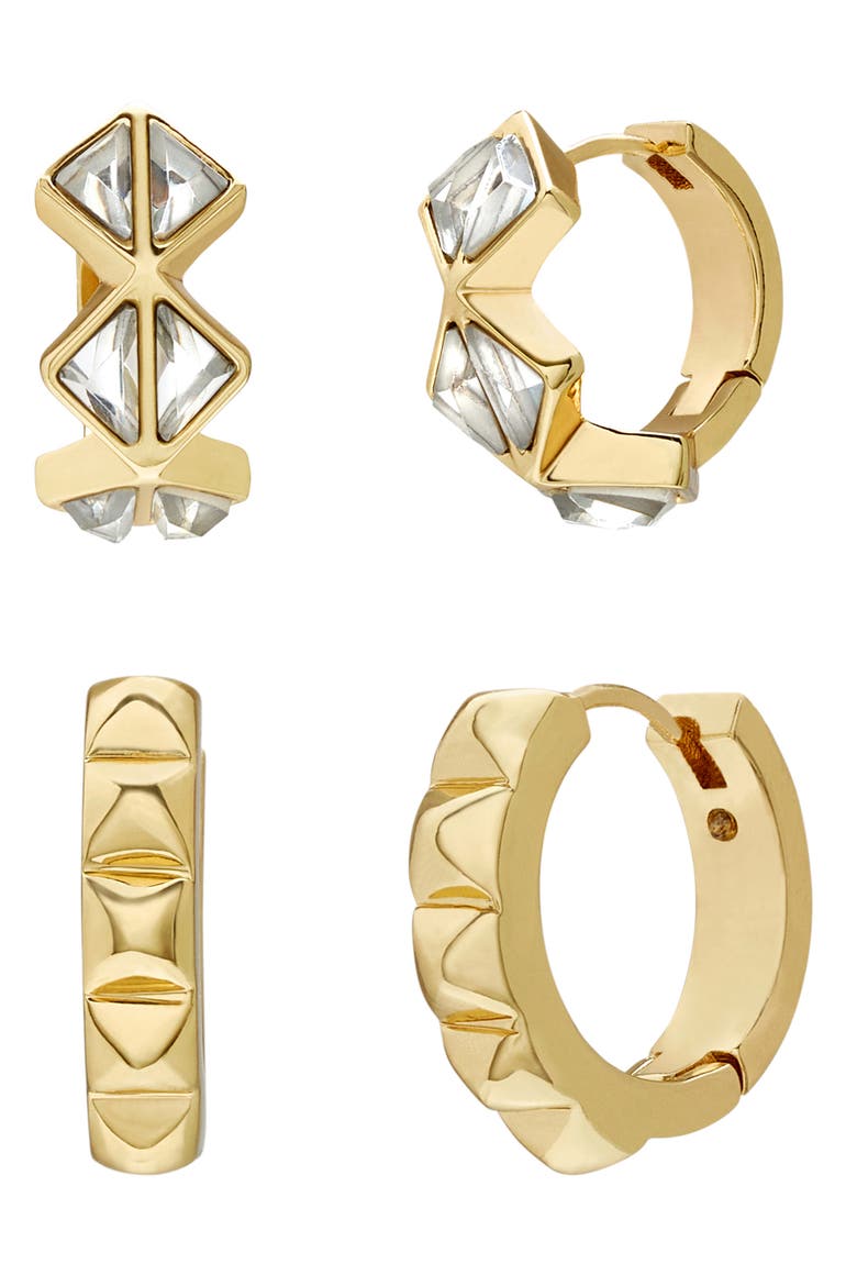 Set of 2 Geometric Crystal Huggie Hoop Earrings, Main, color, GOLD