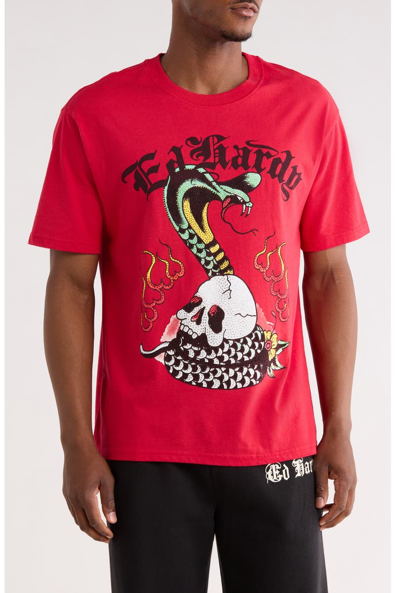 Rhinestone Cobra Skull Graphic T-Shirt, Main, color, RED