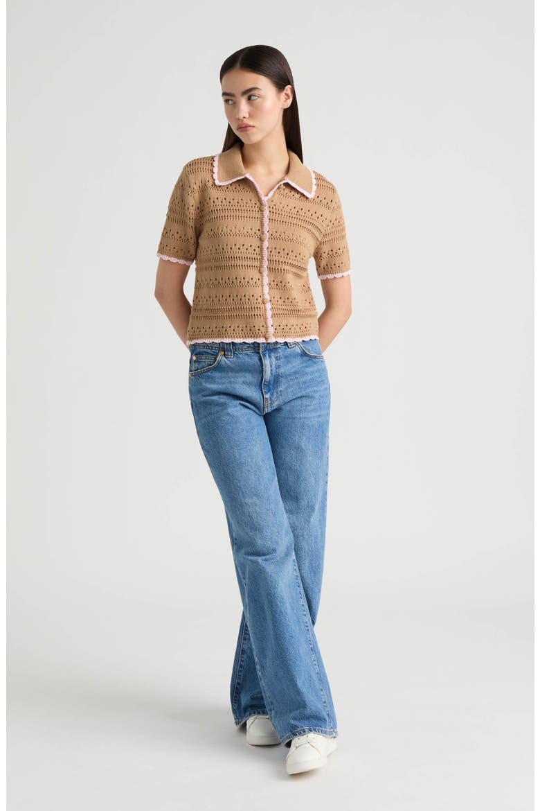 Scalloped Short Sleeve Crochet Cardigan, Alternate, color, CAMEL