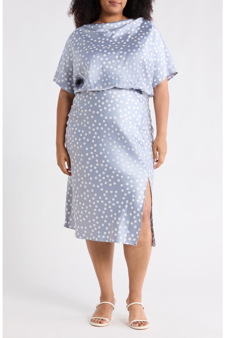 Polka Dot Short Sleeve Satin Midi Dress, Main, color, STEEL BLUE