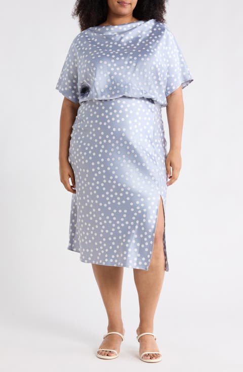 Polka Dot Short Sleeve Satin Midi Dress (Plus)