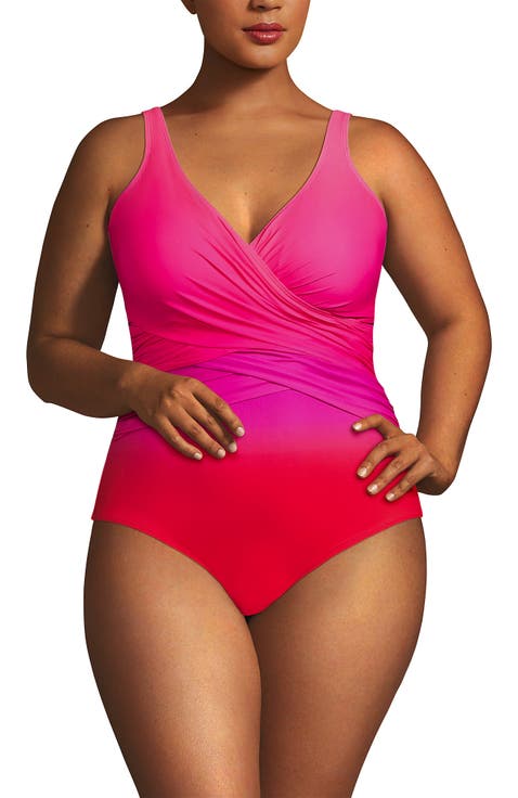 Plus Size DD-Cup Slender Tummy Control Chlorine Resistant Wrap One Piece Swimsuit