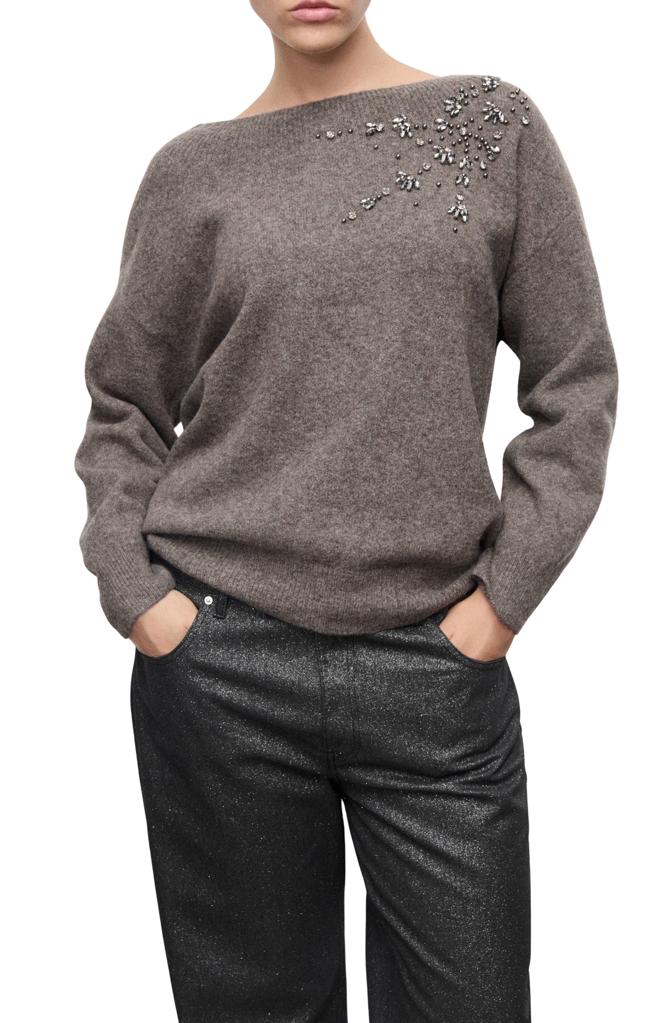 MANGO Crystal Detail Boat Neck Sweater