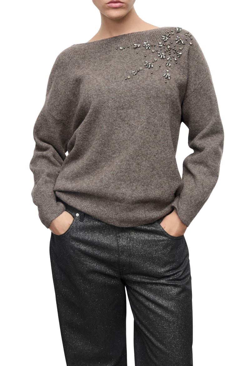 Crystal Detail Boat Neck Sweater, Main, color, MEDIUM BROWN