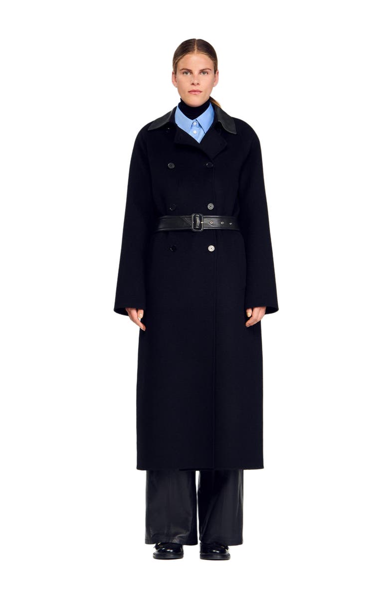 SANDRO Long wool and leather coat, Main, color, Black