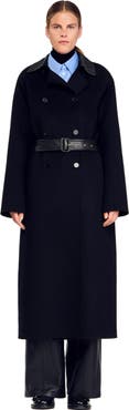 SANDRO Long wool and leather coat