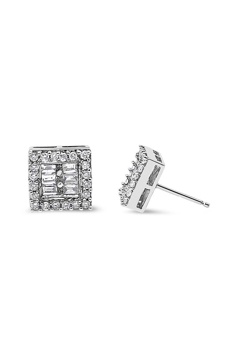 14K White Gold 1 cttw Round and Baguette Diamond Stud Earrings, Alternate, color, White