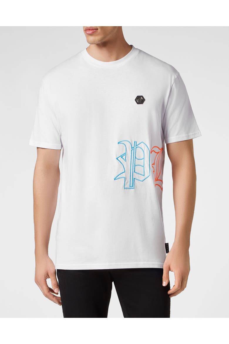 Embroidered T-Shirt Round Neck Ss Men, Main, color, white/multicolored