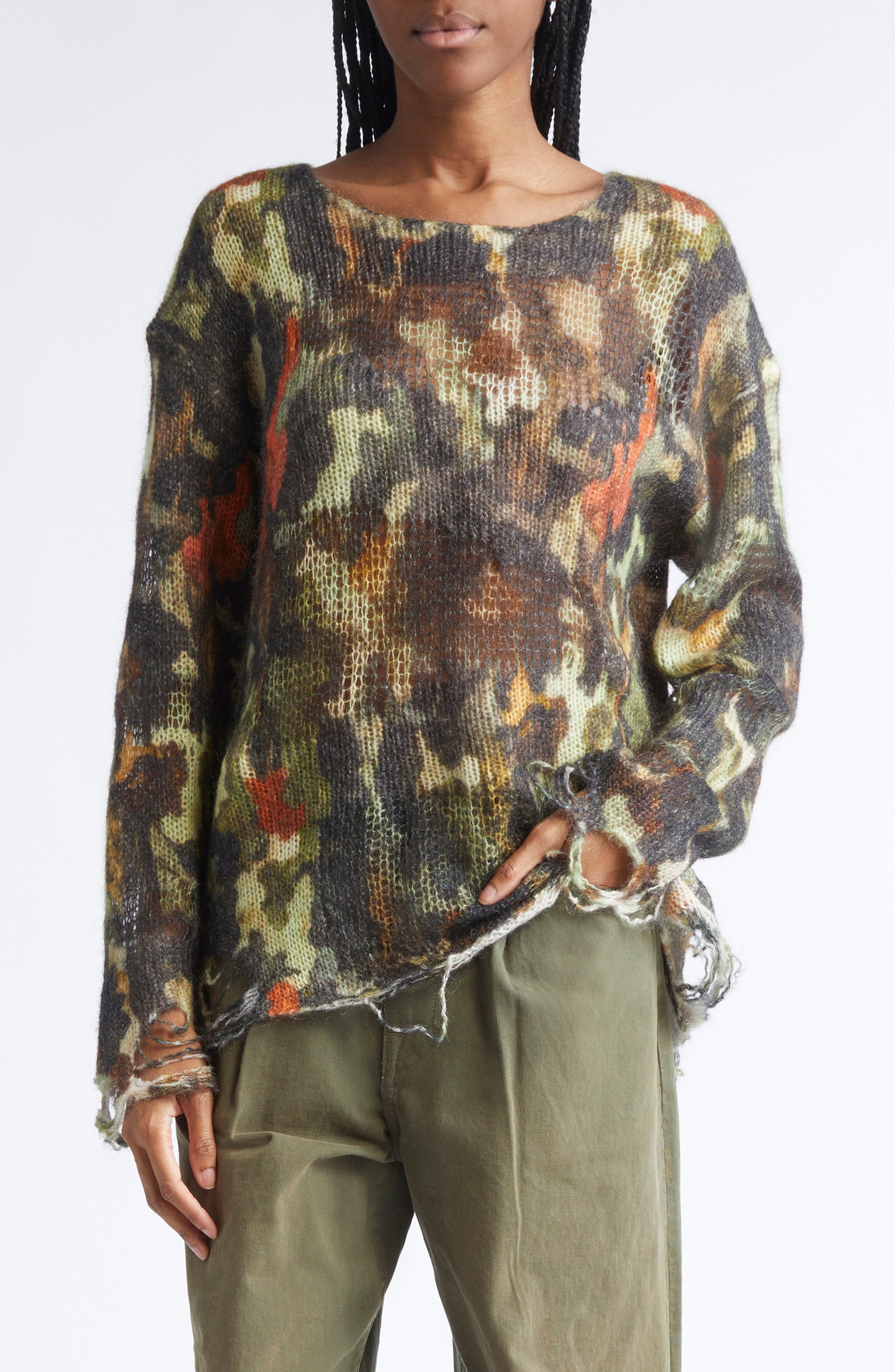 R13 Distressed Camouflage Merino Wool Boyfriend Sweater