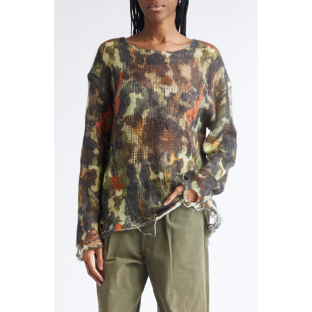 R13 Distressed Camouflage Merino Wool Boyfriend Sweater