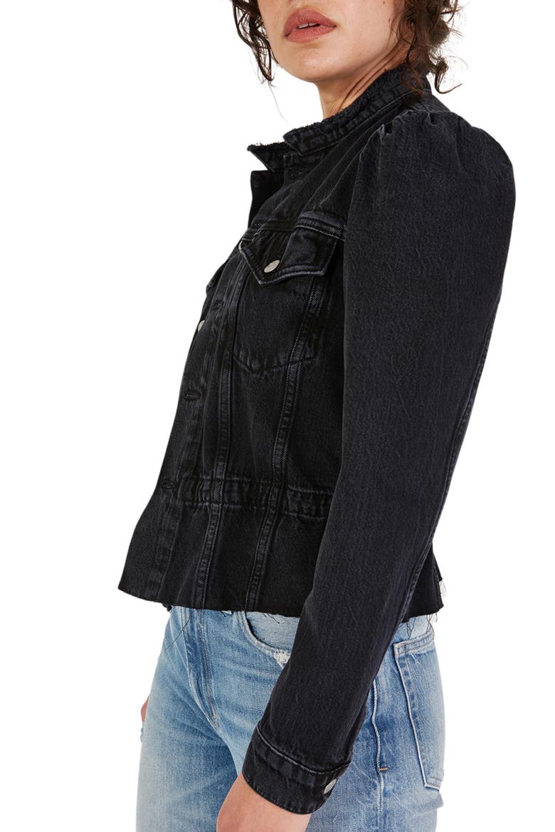 Remi Reconstructed Puff Sleeve Raw Hem Denim Jacket, Alternate, color, BLACK ROCK