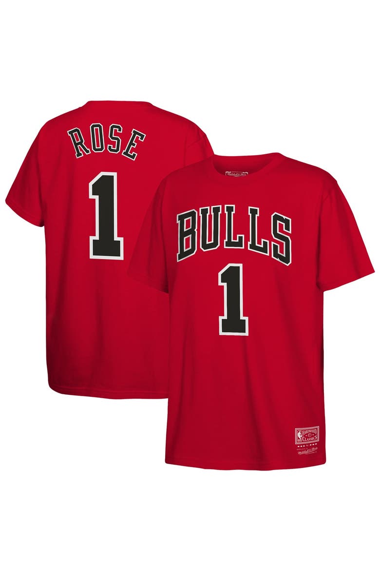 Youth Mitchell & Ness Derrick Rose Red Chicago Bulls Hardwood Classics Name & Number T-Shirt, Main, color, Red