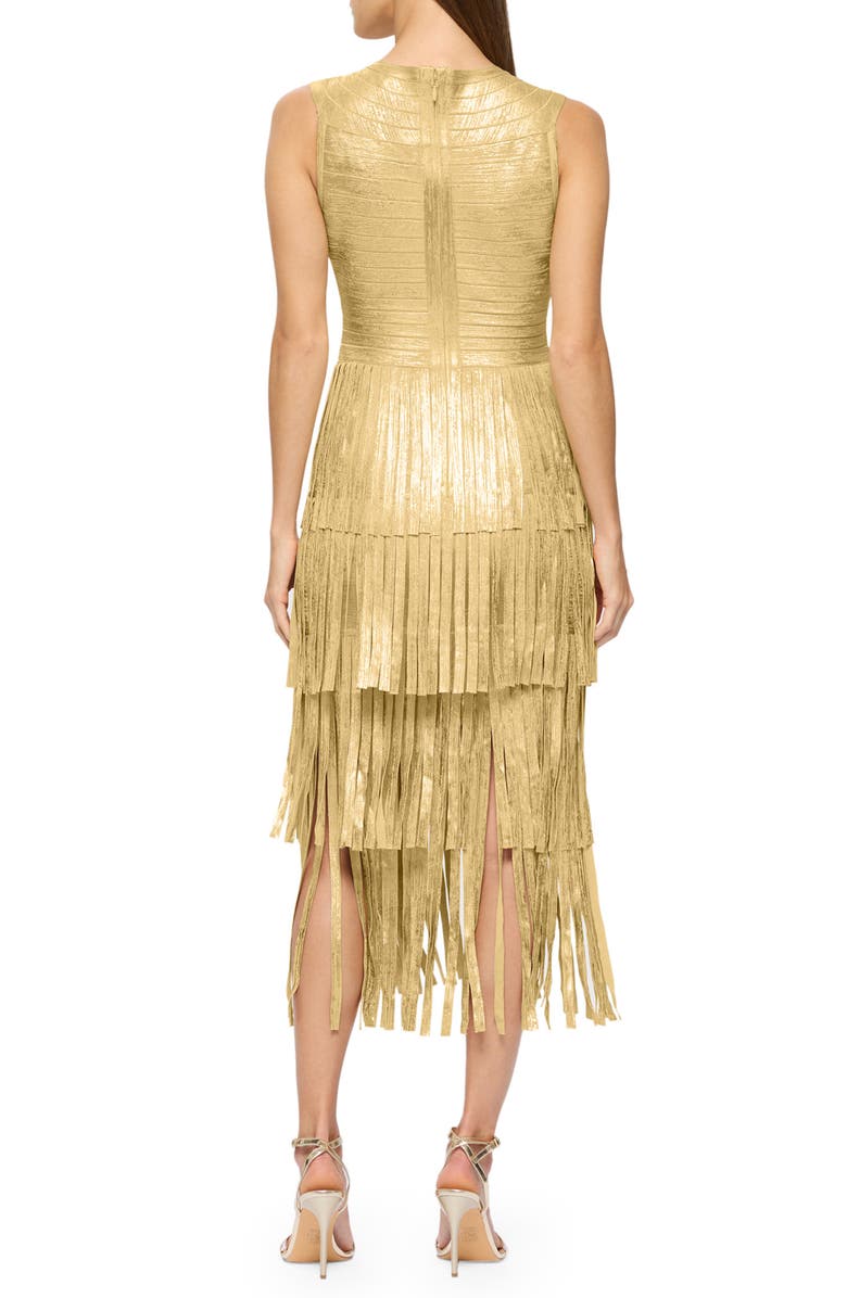 Herve Leger Pleated Tiered Metallic Foil Cocktail Midi Dress, Alternate, color, Gold Foil
