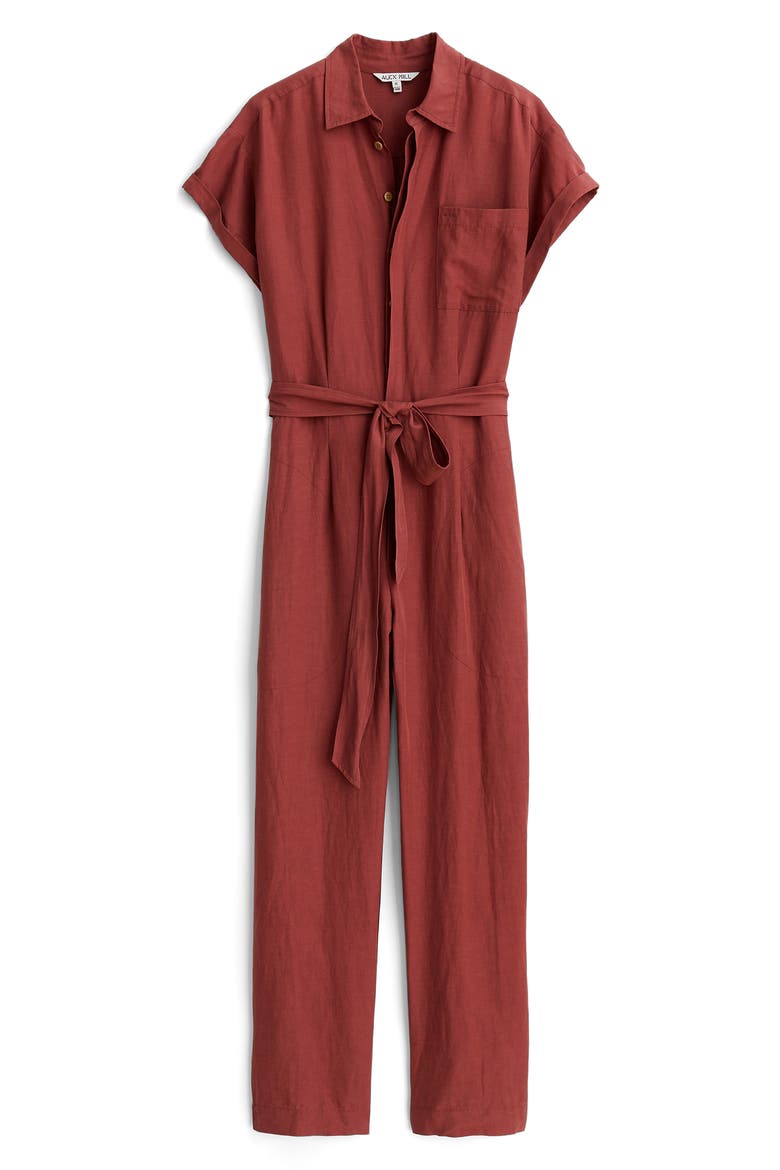 Tie Waist Crop Jumpsuit, Alternate, color, ROSE BROWN