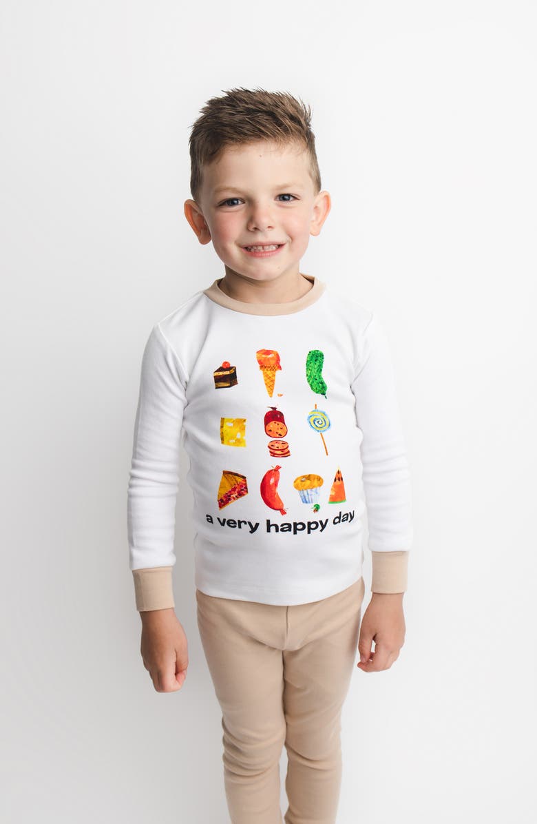 L'ovedbaby x 'The Very Hungry Caterpillar<sup>™</sup>' Kids' Fitted Organic Cotton Two-Piece Pajamas, Alternate, color, Happy Day