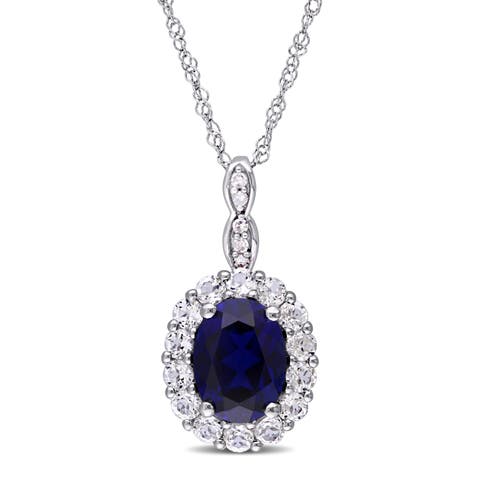 Gemstone & Diamond Oval Halo Necklace 14K