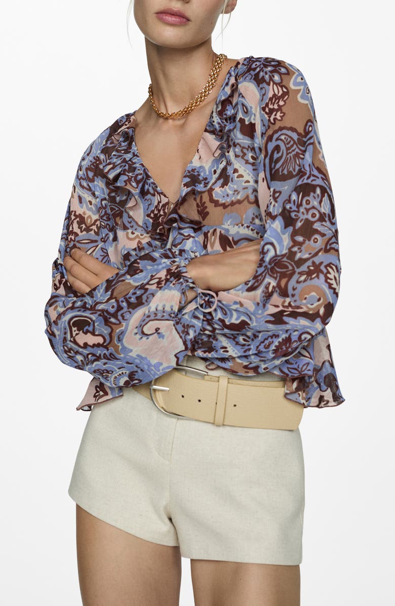 MANGO Paisley Ruffle Top, Main, color, Blue