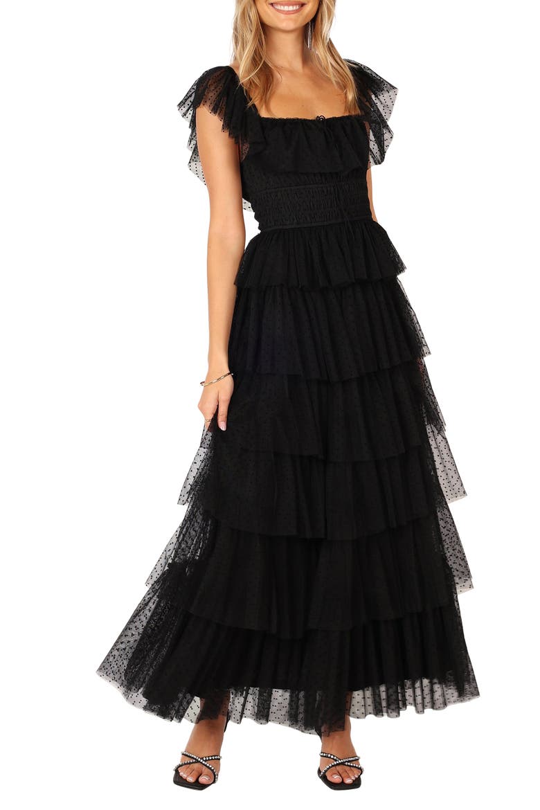 Belle Swiss Dot Tulle Tiered Maxi Dress, Main, color, BLACK