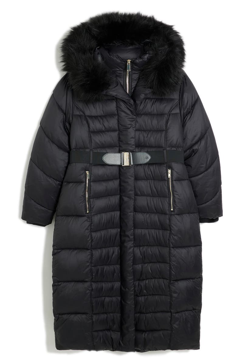 River Island Belted Longline Hooded Puffer Jacket with Removable Faux Fur Trim, Alternate, color, 