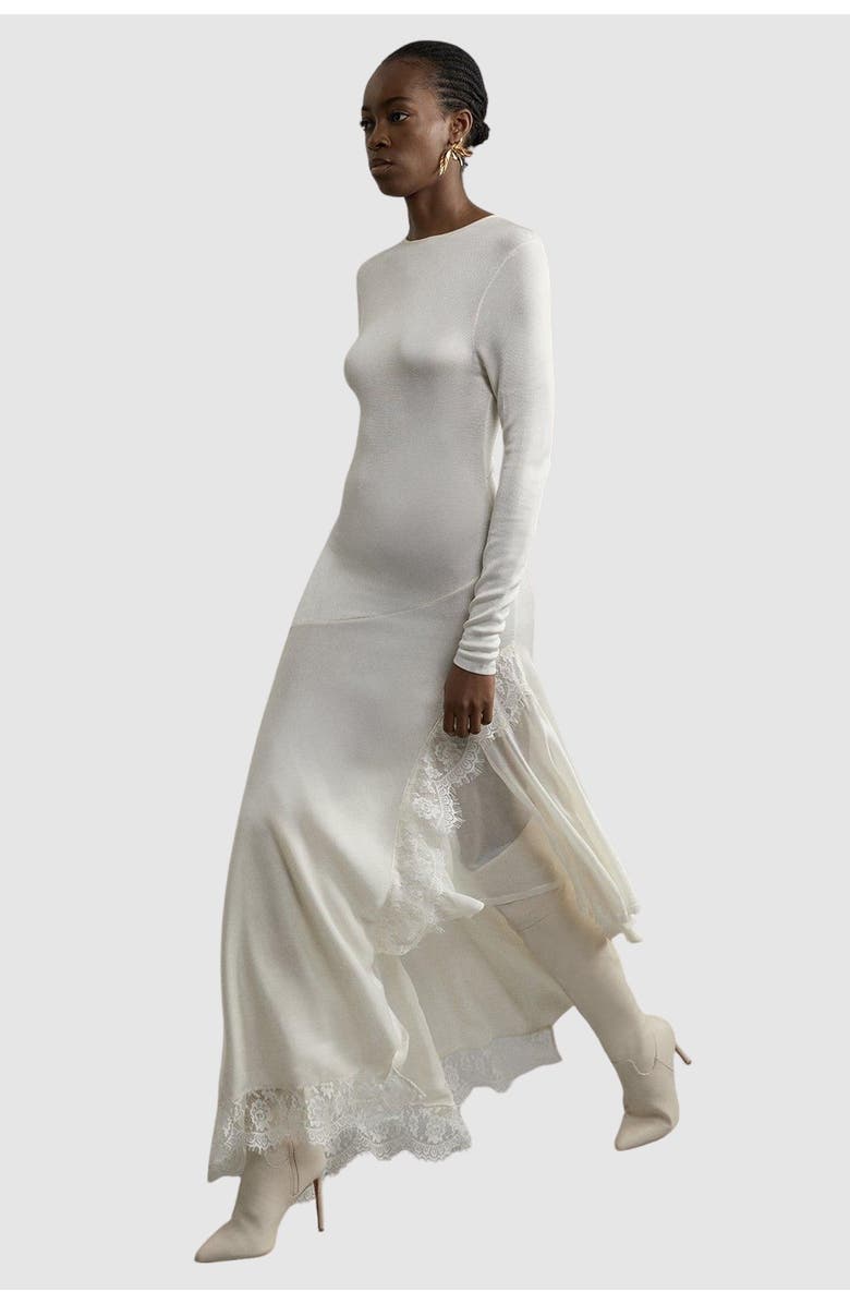Karen Millen Slinky Lace Asymmetric Maxi Dress, Main, color, Cream