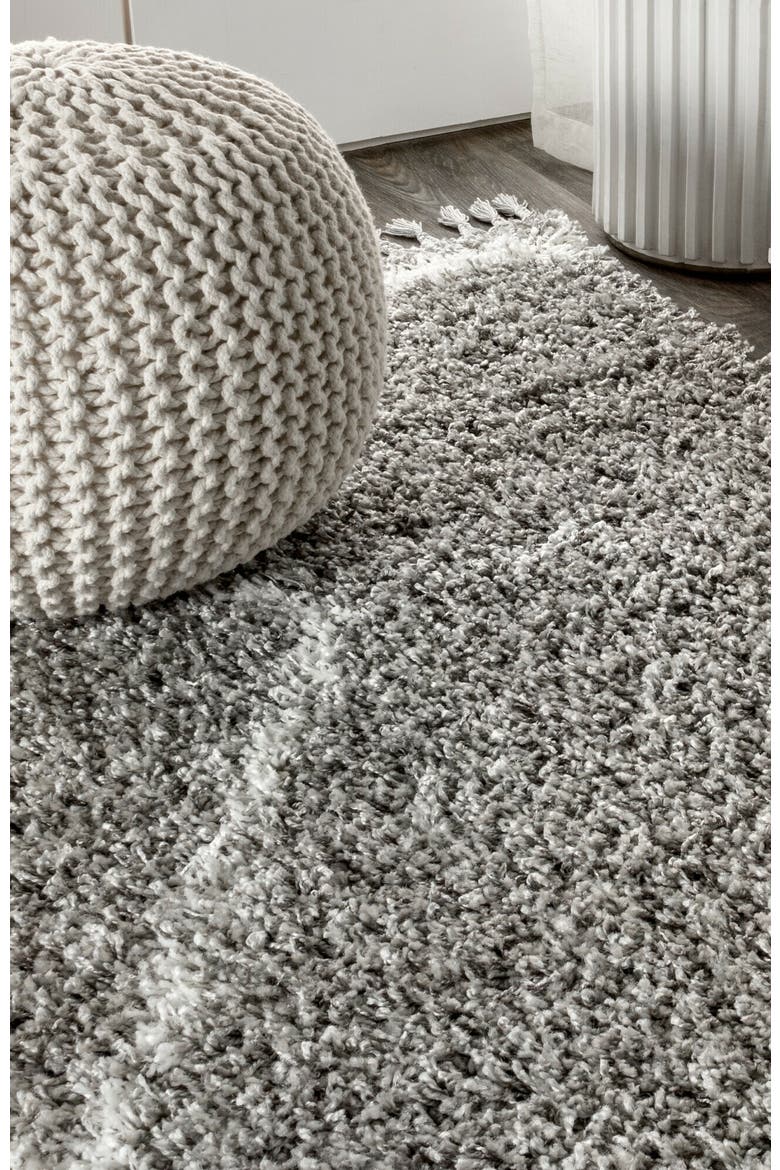 Mercer Shag Plush Tassel Moroccan  Geometric Trellis Denim Area Rug, Alternate, color, Gray/Cream