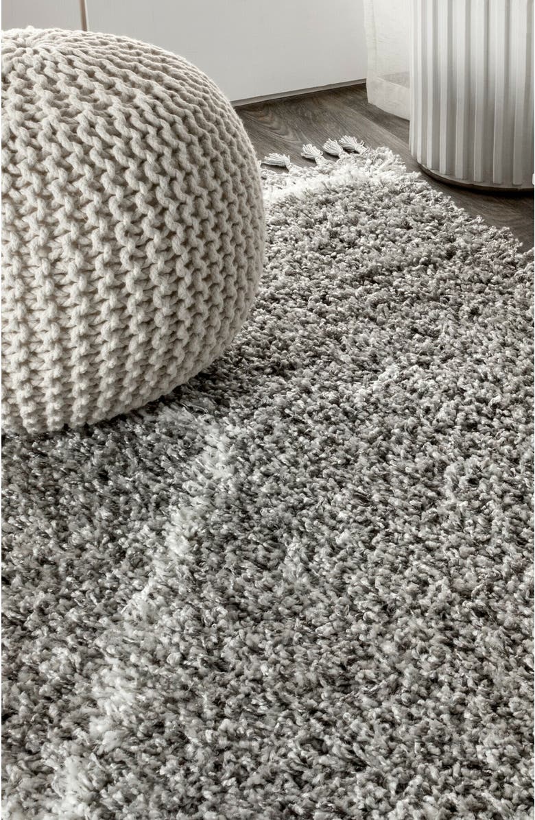 JONATHAN Y Mercer Shag Plush Tassel Moroccan  Geometric Trellis Denim Area Rug, Alternate, color, Gray/Cream