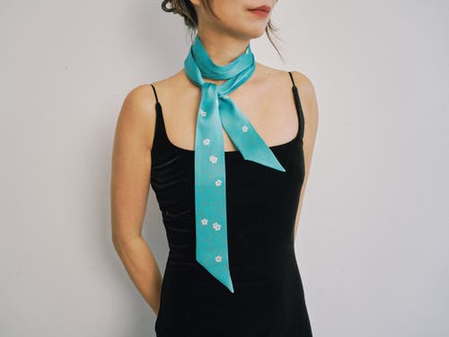 Lost Pattern Nyc "almond Blossom" Silk Skinny Scarf In Blue