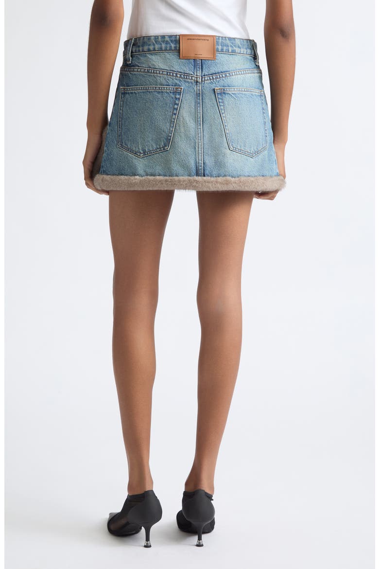 Faux Fur Trim Denim Miniskirt, Alternate, color, TINTED MEDIUM INDIGO