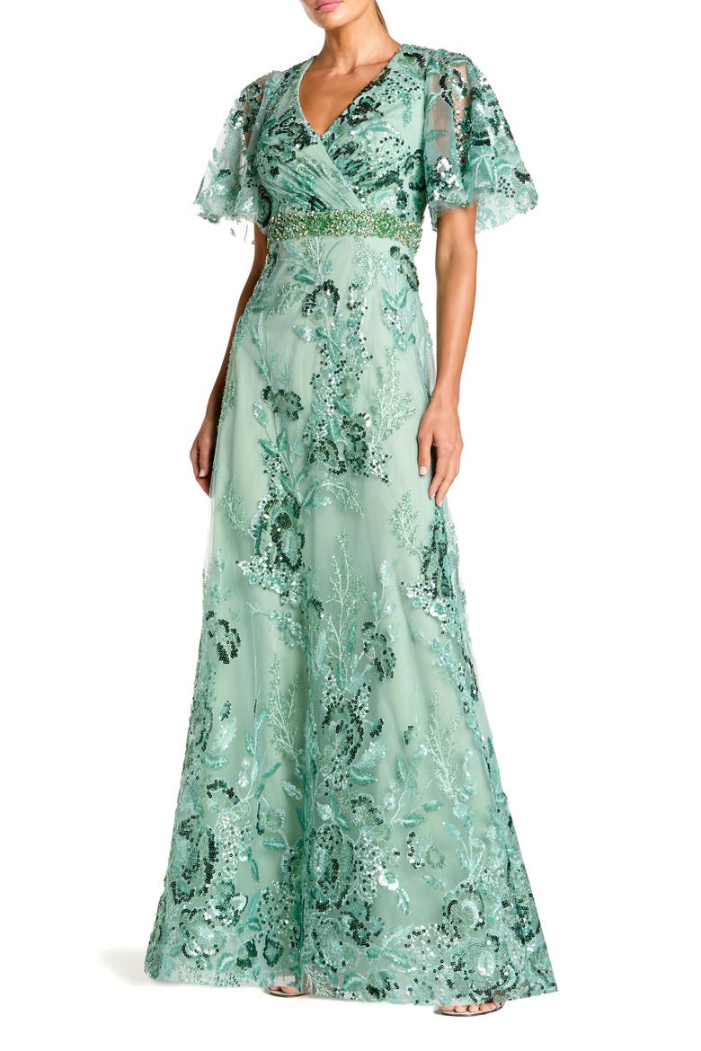 Floral Embellished Short Sleeve Faux Wrap Gown, Main, color, Sage