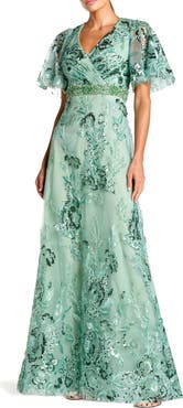 Mac Duggal Floral Embellished Short Sleeve Faux Wrap Gown