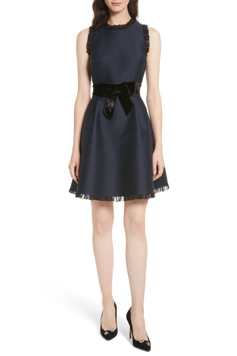 velvet bow fit & flare dress, Main, color, RICH NAVY