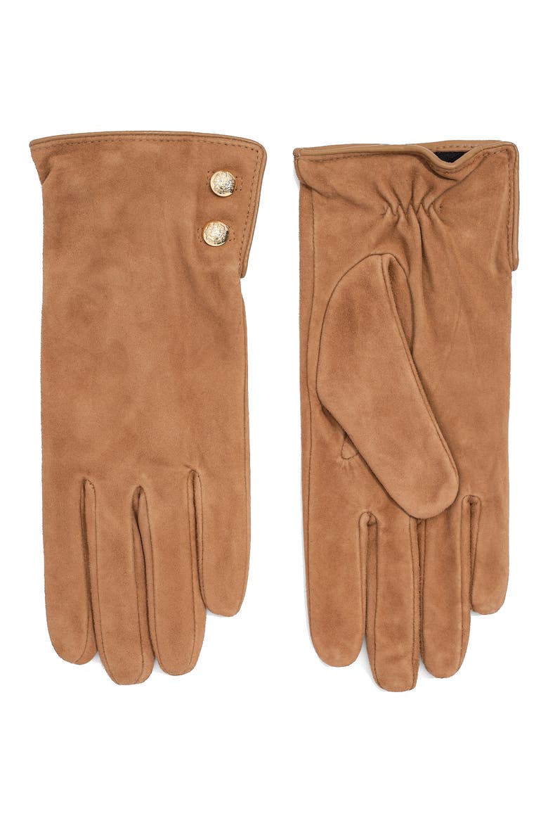 Crest Button Suede Gloves, Main, color, CAMEL