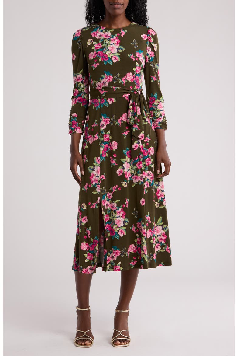 Floral Long Sleeve Midi Dress, Main, color, OLIVE