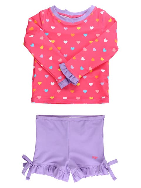 UPF50+ Seersucker Long Sleeve Rash Guard Ruffle Shorts 2-Piece Swimsuit