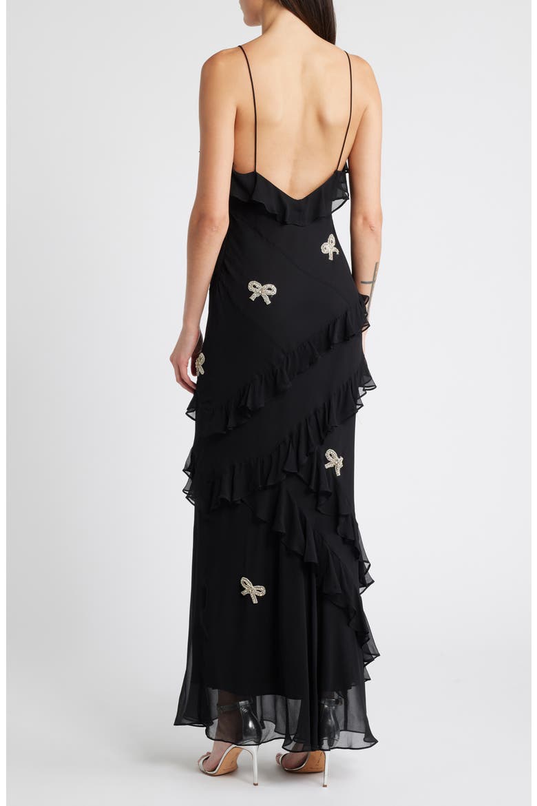 Rialto Bow Embellished Ruffle Silk Dress, Alternate, color, BLACK