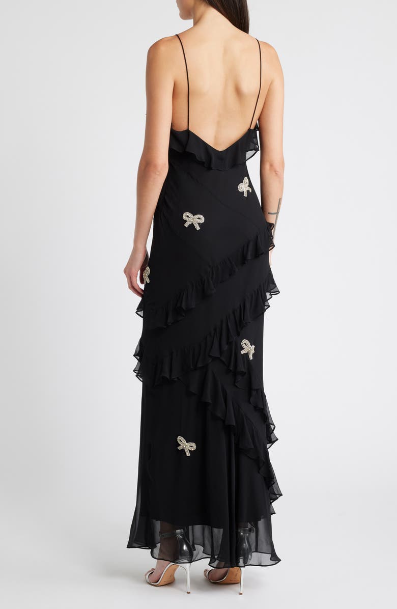 LoveShackFancy Rialto Bow Embellished Ruffle Silk Dress, Alternate, color, Black