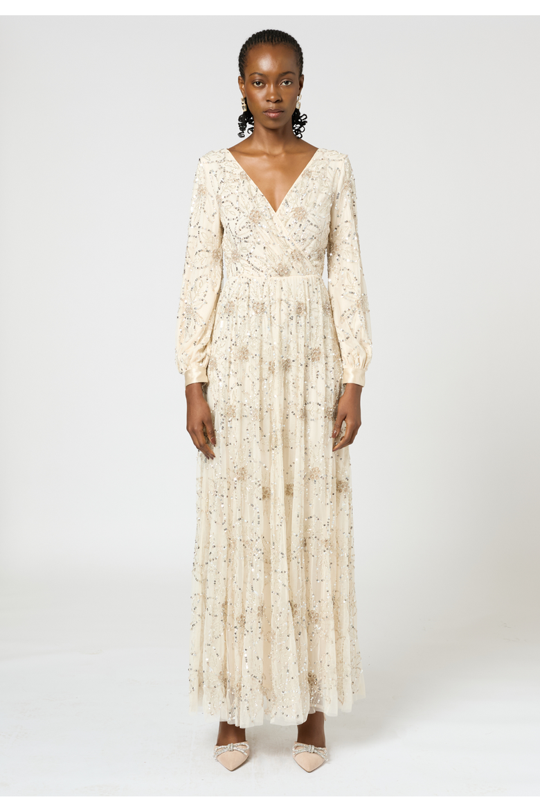 Embellished Sequin Beaded Maxi Dress with cuff sleeves, Main, color, CREAM