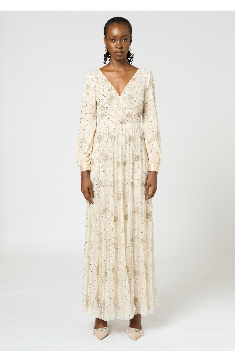BEAUUT Embellished Sequin Beaded Maxi Dress with cuff sleeves, Main, color, Cream