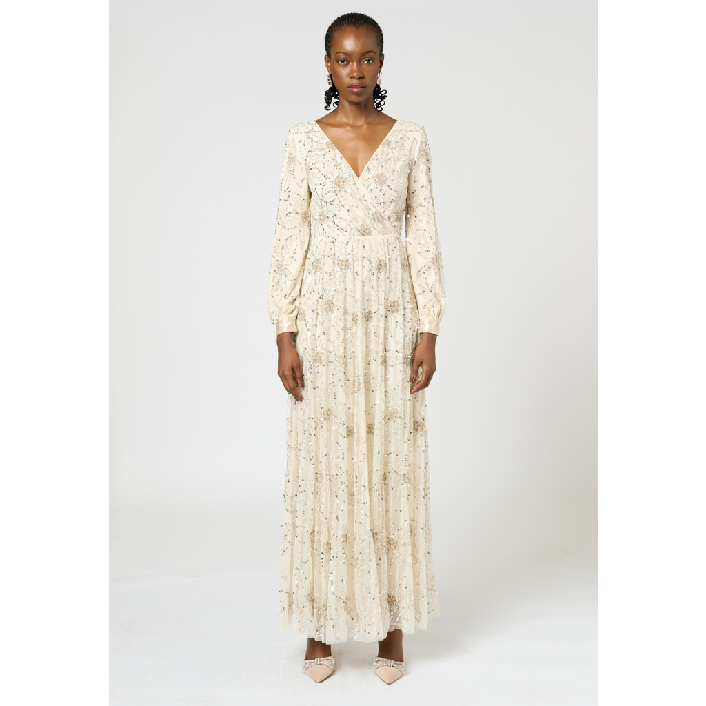 Beauut Embellished Sequin Beaded Maxi Dress With Cuff Sleeves In Neutral
