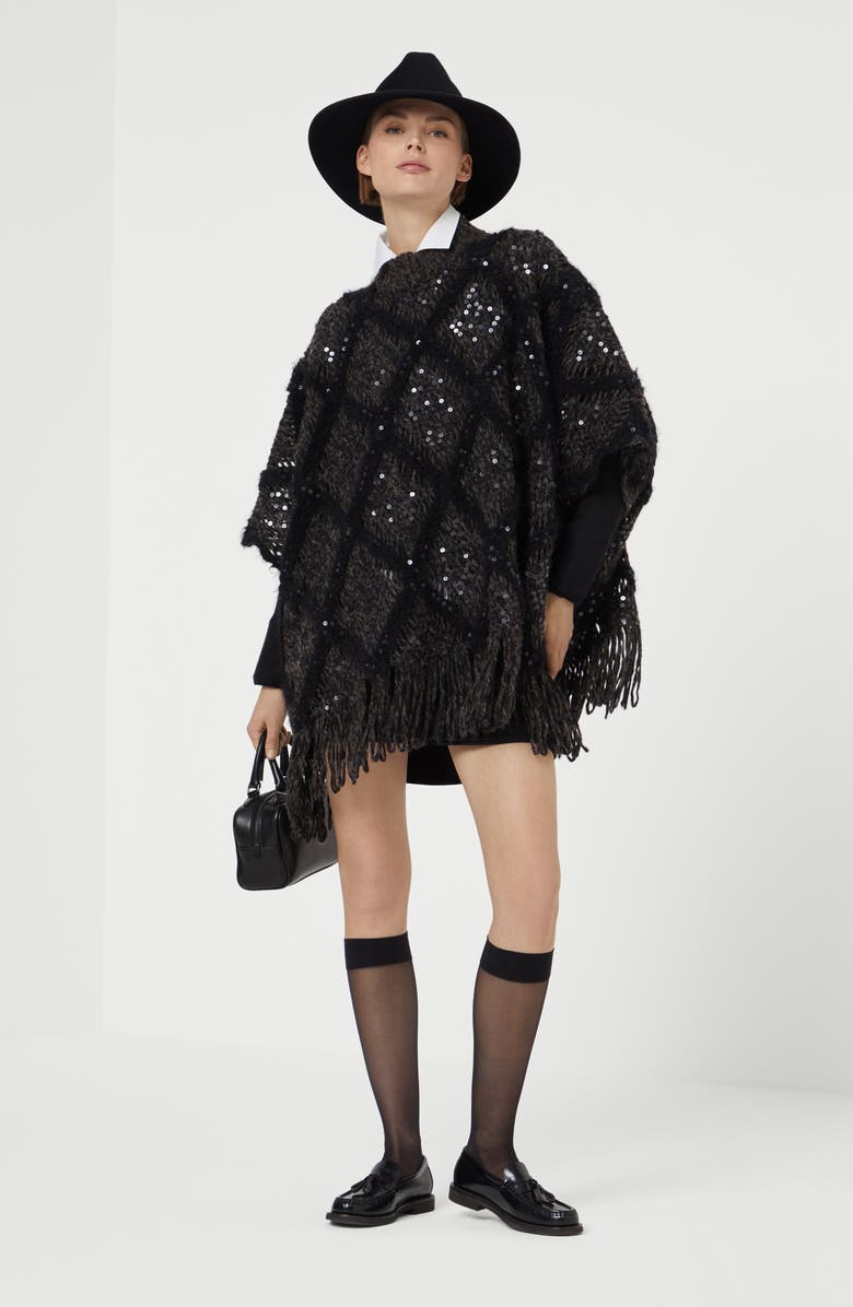 Brunello Cucinelli Wool and alpaca knit poncho with dazzling macro argyle embroidery, Alternate, color,