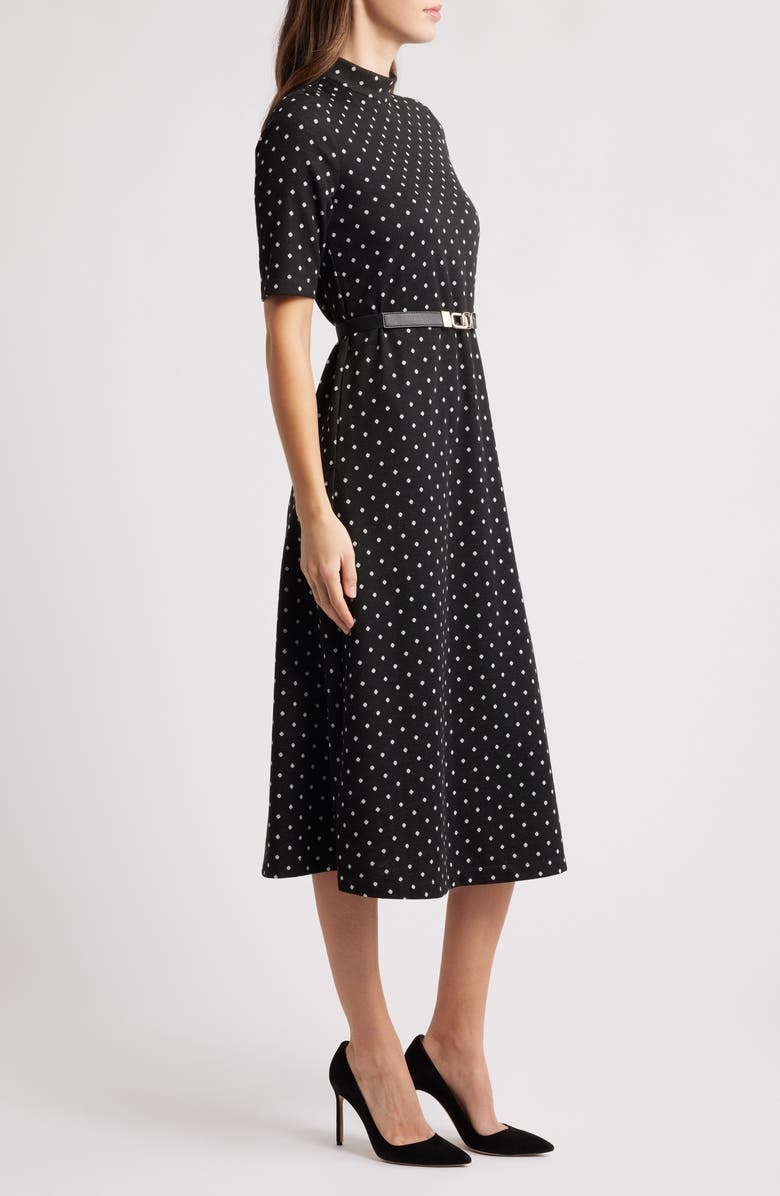 Anne Klein Polka Dot Mock Neck Cotton Blend Dress, Alternate, color, 