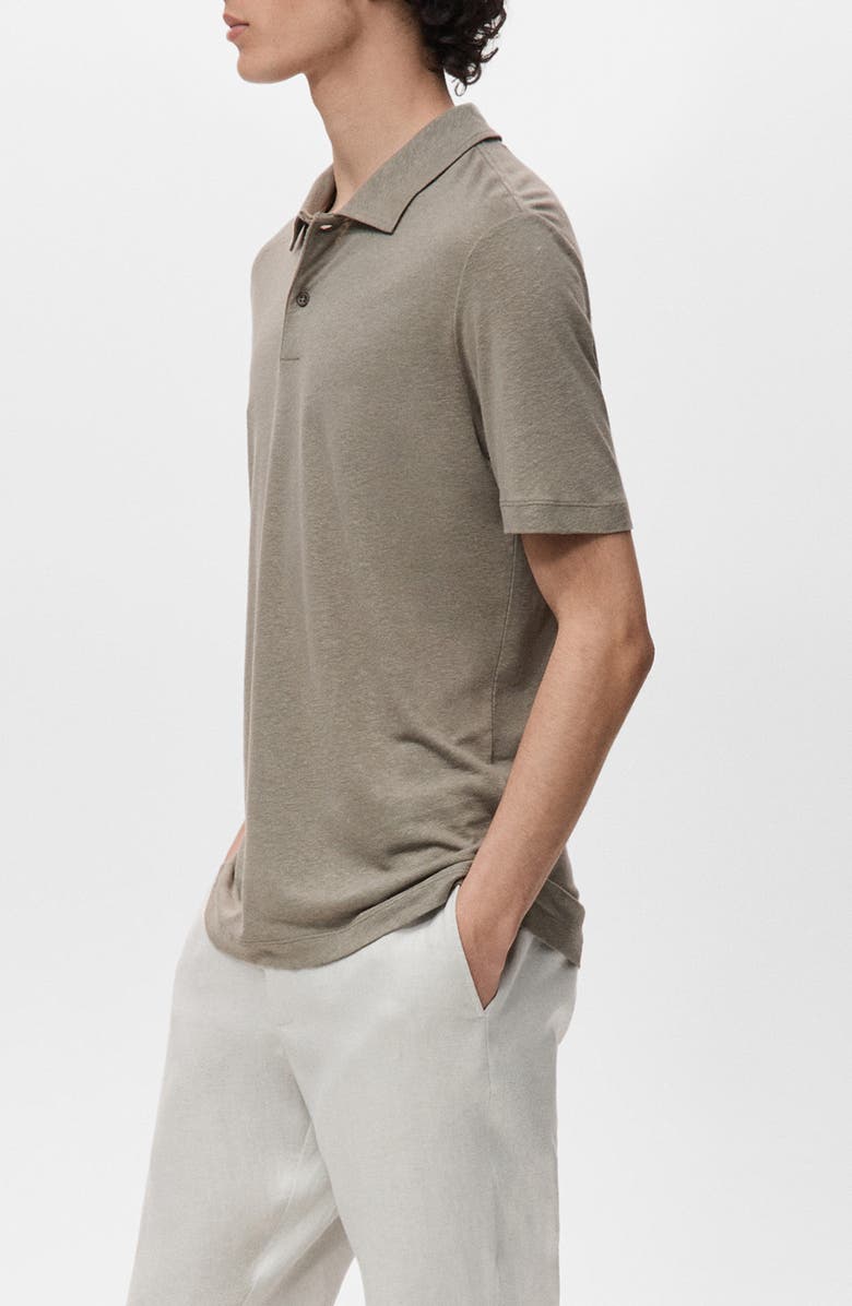 MANGO Slim Fit Linen Blend Jersey Polo, Alternate, color, Chocolate