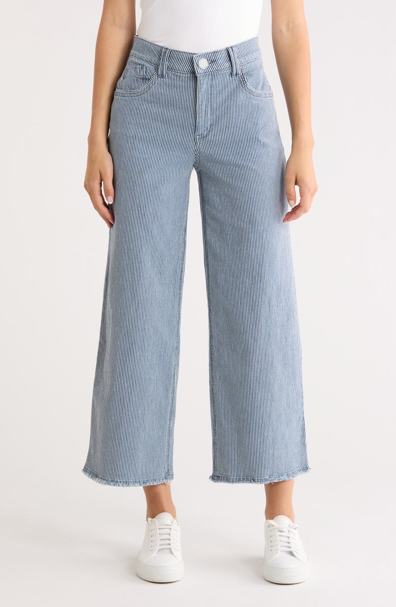 Democracy High Waist Fray Hem Wide Leg Jeans, Main, color, Blue Railroad Stripe